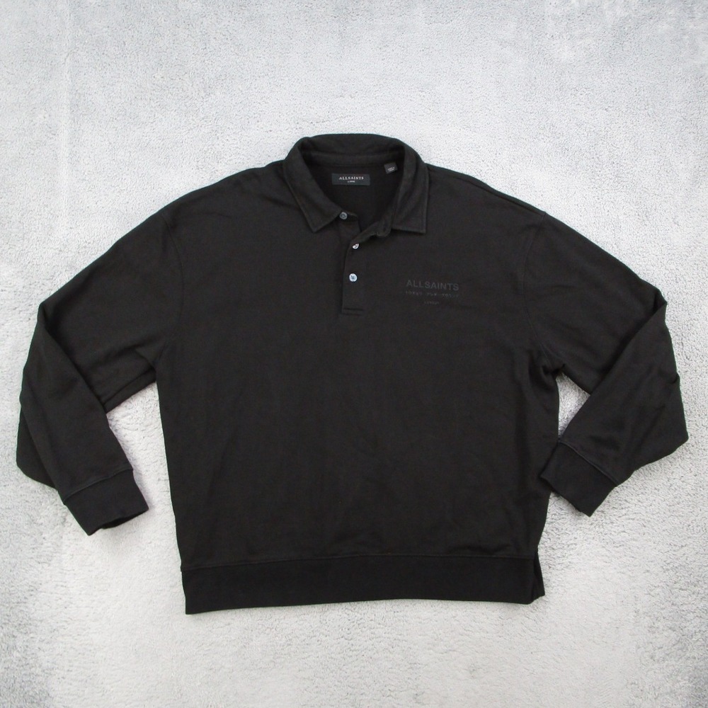 AllSaints Xander Sweat Polo Mens Large Black Long Sleeve Organic Cotton M020NC